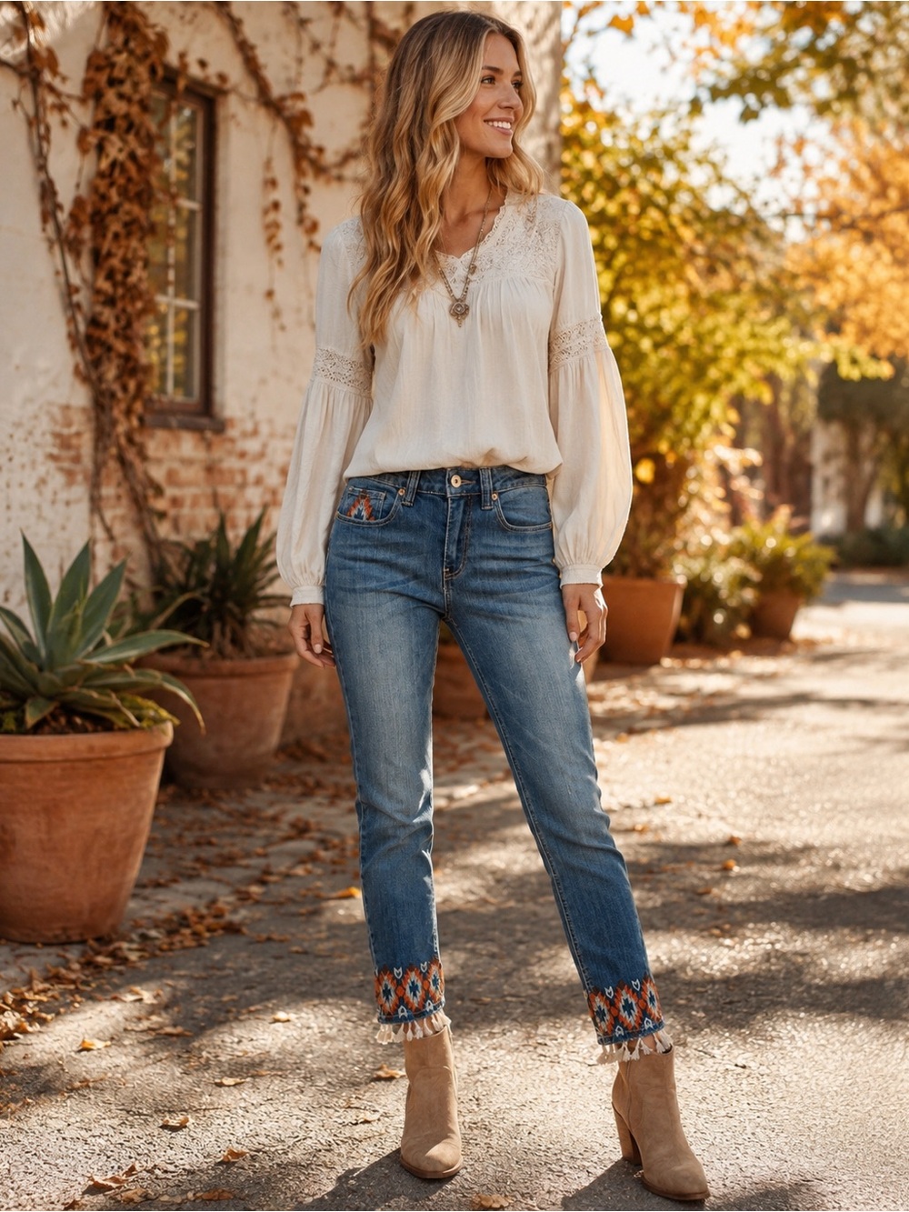 Reba Size 4 Embroidered Southwestern Fringe Hem Stretch Jeans Western Boho